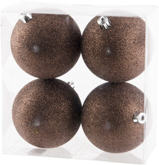 Cosy&Trendy 4x stuks kunststof glitter kerstballen donkerbruin 10 cm