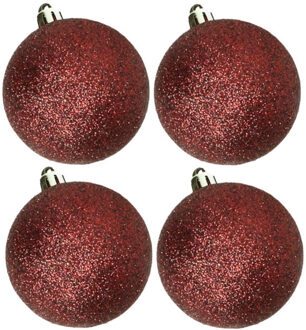 Cosy&Trendy 4x stuks kunststof glitter kerstballen donkerrood 10 cm - Kerstbal