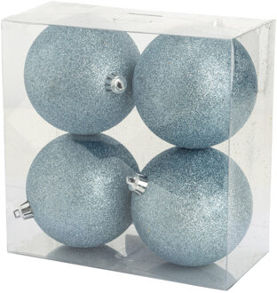 Cosy&Trendy 4x stuks kunststof glitter kerstballen ijsblauw 10 cm - Kerstbal