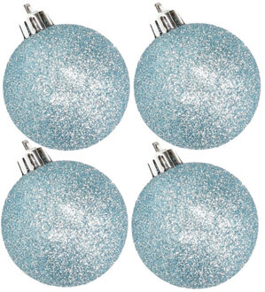 Cosy&Trendy 4x stuks kunststof glitter kerstballen ijsblauw 10 cm - Kerstbal