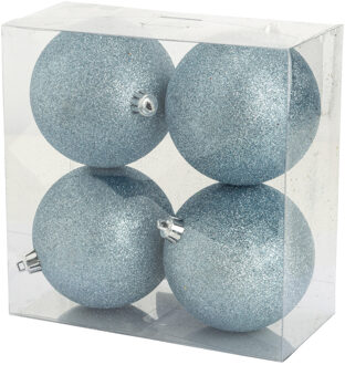 Cosy&Trendy 4x stuks kunststof glitter kerstballen ijsblauw 10 cm