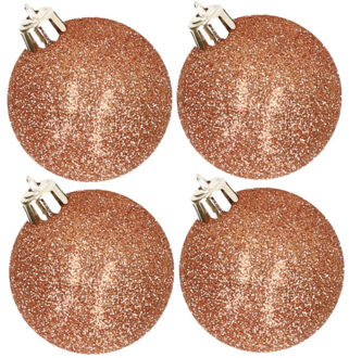 Cosy&Trendy 4x stuks kunststof glitter kerstballen koper 10 cm - Kerstbal Koperkleurig
