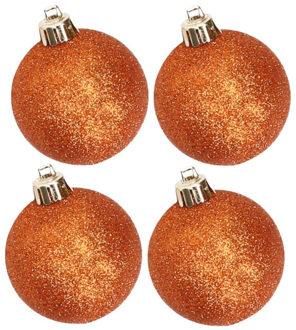 Cosy&Trendy 4x stuks kunststof glitter kerstballen oranje 10 cm - Kerstbal