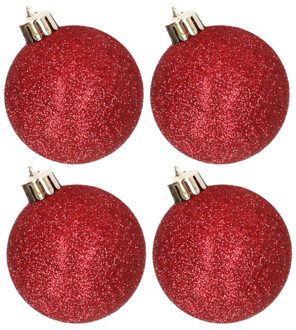 Cosy&Trendy 4x stuks kunststof glitter kerstballen rood 10 cm
