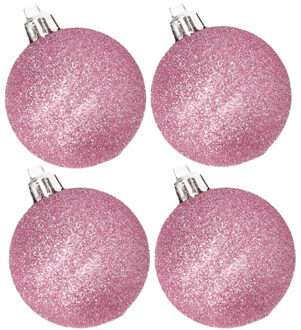 Cosy&Trendy 4x stuks kunststof glitter kerstballen roze 10 cm - Kerstbal