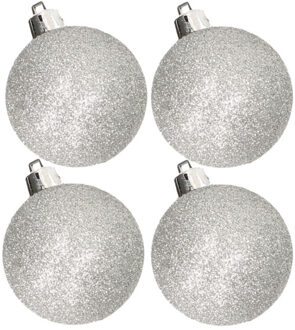 Cosy&Trendy 4x stuks kunststof glitter kerstballen zilver 10 cm - Kerstbal Zilverkleurig