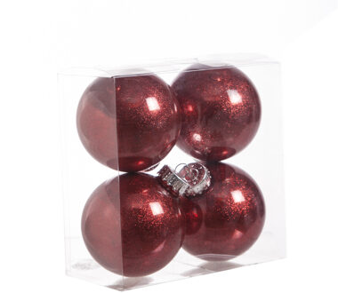 Cosy&Trendy 4x stuks kunststof kerstballen met glitter afwerking rood 8 cm