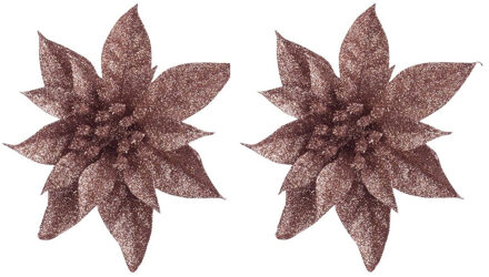 Cosy&Trendy 5x Kerstboomversiering op clip donker beige glitter bloemen 15 cm