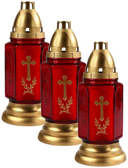 Cosy&Trendy 5x stuks grafkaarsen/gedenklichten met deksel rood/goud 11 x 24 cm 3 dagen brandtijd