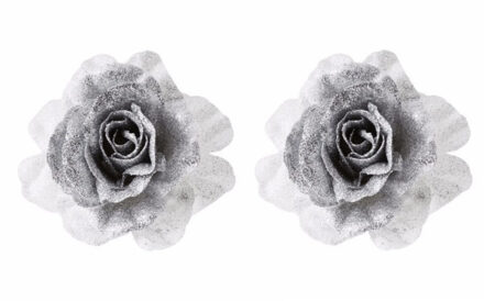 Cosy&Trendy 6x Kerstboomversiering bloem op clip zilver/wit kerstbloem 18 cm