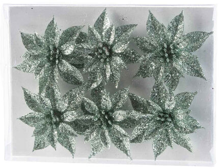 Cosy&Trendy 6x Kerstboomversiering mintgroene glitter kerstrozen op clip 8 cm