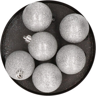 Cosy&Trendy 6x Kunststof kerstballen glitter zilver 8 cm kerstboom versiering/decoratie - Kerstbal Zilverkleurig