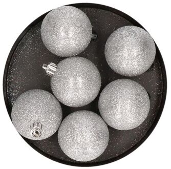 Cosy&Trendy 6x Kunststof kerstballen glitter zilver 8 cm kerstboom versiering/decoratie - Kerstbal Zilverkleurig