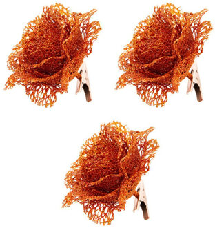 Cosy&Trendy 6x Oranje kanten glitter rozen bloemen op clip 10 cm