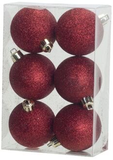 Cosy&Trendy 6x Rode glitter kerstballen 6 cm kunststof - kerstversiering - Kerstbal Rood