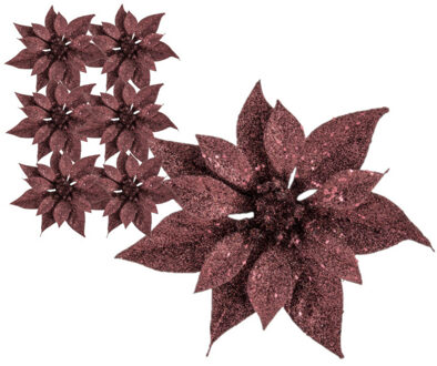 Cosy&Trendy 6x stuks decoratie bloemen kerstster donkerrood glitter op clip 18 cm - Kunstbloemen