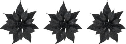 Cosy&Trendy 6x stuks decoratie bloemen kerstster zwart glitter op clip 18 cm - Kunstbloemen