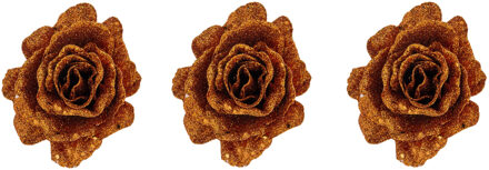 Cosy&Trendy 6x stuks decoratie bloemen roos koper glitter op clip 10 cm