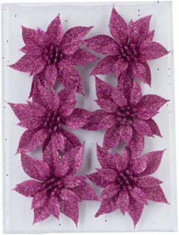 Cosy&Trendy 6x stuks decoratie bloemen rozen fuchsia roze glitter op ijzerdraad 8 cm