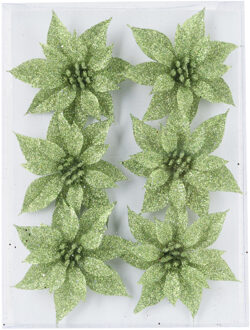 Cosy&Trendy 6x stuks decoratie bloemen rozen groen glitter op ijzerdraad 8 cm