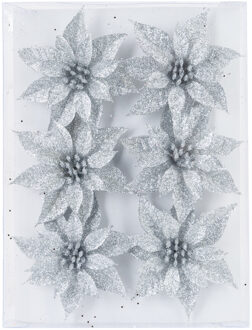 Cosy&Trendy 6x stuks decoratie bloemen rozen zilver glitter op ijzerdraad 8 cm