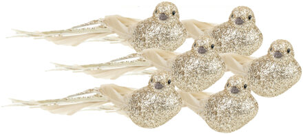 Cosy&Trendy 6x stuks kunststof decoratie vogels op clip goud glitter 21 cm