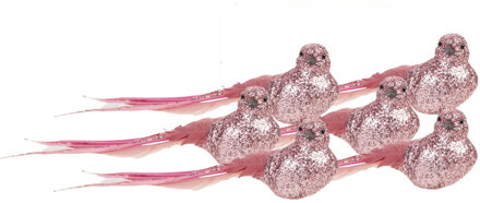 Cosy&Trendy 6x stuks kunststof decoratie vogels op clip roze glitter 21 cm