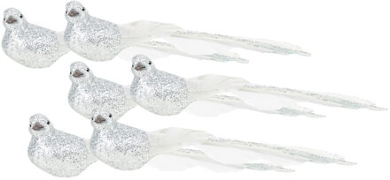 Cosy&Trendy 6x stuks kunststof decoratie vogels op clip zilver glitter 21 cm