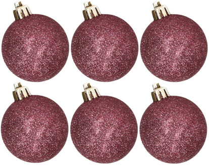 Cosy&Trendy 6x stuks kunststof glitter kerstballen aubergine roze 6 cm - Kerstbal