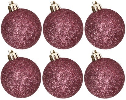 Cosy&Trendy 6x stuks kunststof glitter kerstballen aubergine roze 6 cm
