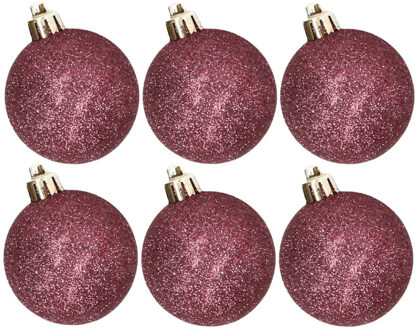 Cosy&Trendy 6x stuks kunststof glitter kerstballen aubergine roze 8 cm - Kerstbal