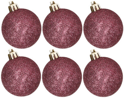 Cosy&Trendy 6x stuks kunststof glitter kerstballen aubergine roze 8 cm