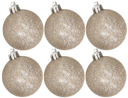 Cosy&Trendy 6x stuks kunststof glitter kerstballen champagne 8 cm - Kerstbal Champagnekleurig