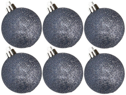 Cosy&Trendy 6x stuks kunststof glitter kerstballen donkerblauw 6 cm - Kerstbal