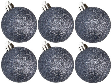 Cosy&Trendy 6x stuks kunststof glitter kerstballen donkerblauw 6 cm