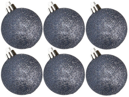 Cosy&Trendy 6x stuks kunststof glitter kerstballen donkerblauw 8 cm - Kerstbal