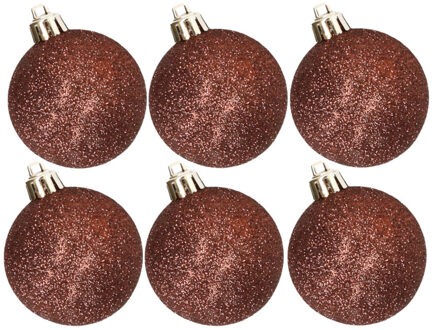 Cosy&Trendy 6x stuks kunststof glitter kerstballen donkerbruin 6 cm - Kerstbal