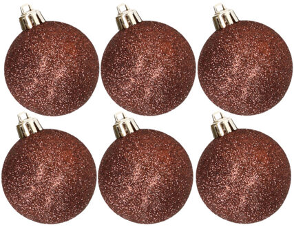 Cosy&Trendy 6x stuks kunststof glitter kerstballen donkerbruin 8 cm - Kerstbal