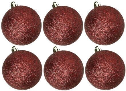 Cosy&Trendy 6x stuks kunststof glitter kerstballen donkerrood 6 cm