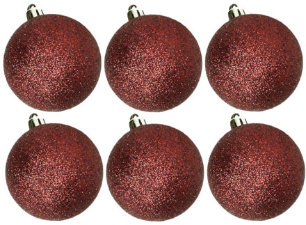 Cosy&Trendy 6x stuks kunststof glitter kerstballen donkerrood 8 cm - Kerstbal