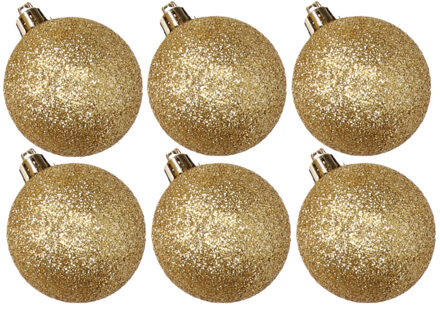 Cosy&Trendy 6x stuks kunststof glitter kerstballen goud 6 cm - Kerstbal Goudkleurig