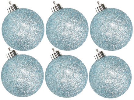 Cosy&Trendy 6x stuks kunststof glitter kerstballen ijsblauw 8 cm - Kerstbal