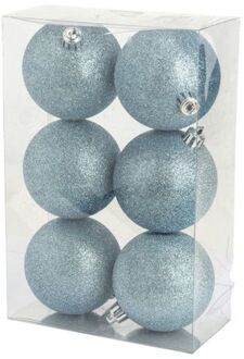 Cosy&Trendy 6x stuks kunststof glitter kerstballen ijsblauw 8 cm - Kerstbal