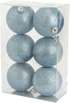 Cosy&Trendy 6x stuks kunststof glitter kerstballen ijsblauw 8 cm