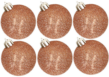 Cosy&Trendy 6x stuks kunststof glitter kerstballen koper 8 cm - Kerstbal Koperkleurig