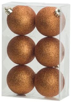 Cosy&Trendy 6x stuks kunststof glitter kerstballen oranje 8 cm - Kerstbal