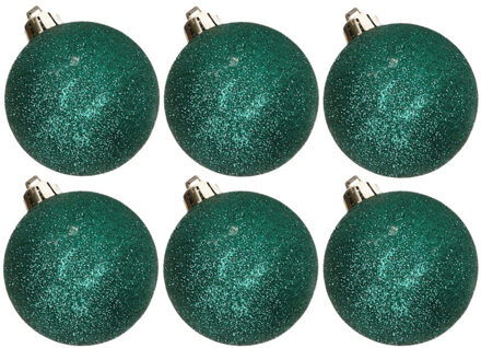 Cosy&Trendy 6x stuks kunststof glitter kerstballen petrol groen 8 cm - Kerstbal Blauw