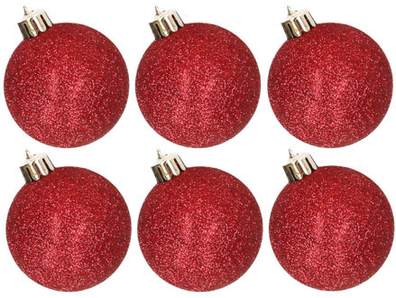 Cosy&Trendy 6x stuks kunststof glitter kerstballen rood 6 cm