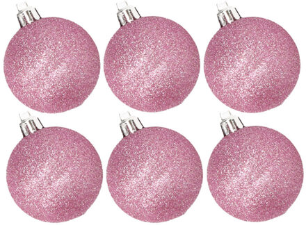 Cosy&Trendy 6x stuks kunststof glitter kerstballen roze 6 cm - Kerstbal