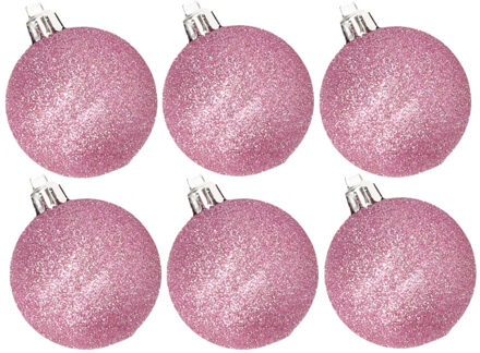 Cosy&Trendy 6x stuks kunststof glitter kerstballen roze 6 cm